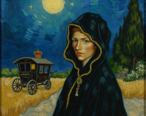 Young figure in hooded cloak under starry night sky