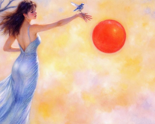Serene figure in blue gown with bird and sunset backdrop