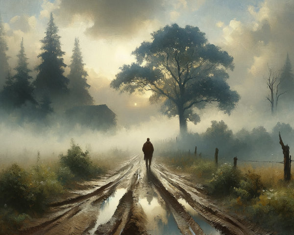 Solitary figure on a misty forest path with puddles