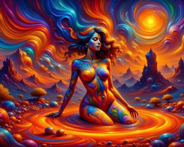 Psychedelic Woman Surrounded by Vibrant Colors and Orbs