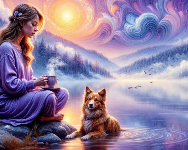 Tranquil Lake Scene with Woman and Dog at Sunset