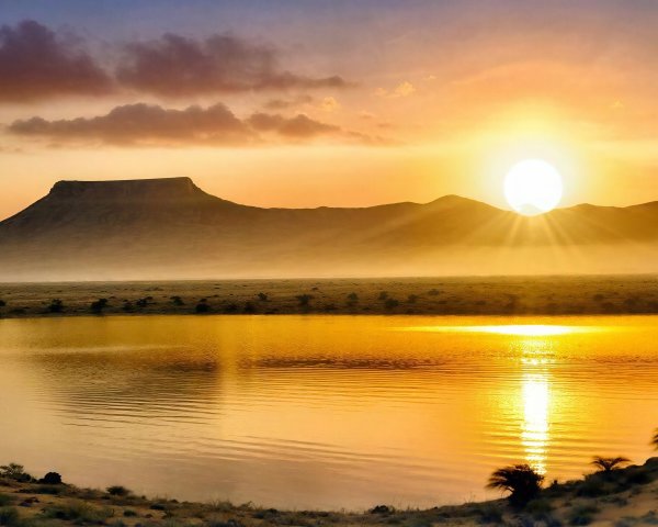 Panoramic Sunset Over Water and Mountain Range