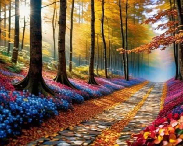 Serene Forest Pathway with Vibrant Autumn Landscape