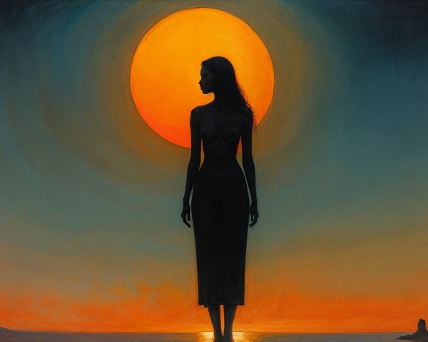 Silhouette of Woman Against Vibrant Sunset Background