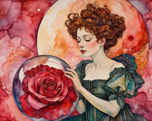 Serene Woman with Red Hair and Glass Orb Display
