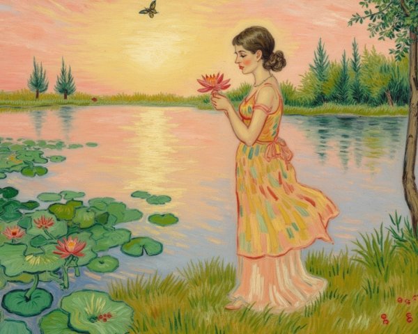 Young Woman with Lotus Flower by Tranquil Lake at Sunset