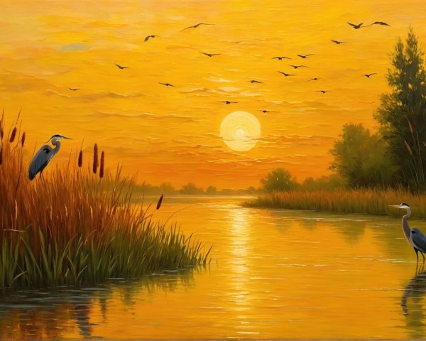Serene Sunset Landscape with River and Herons