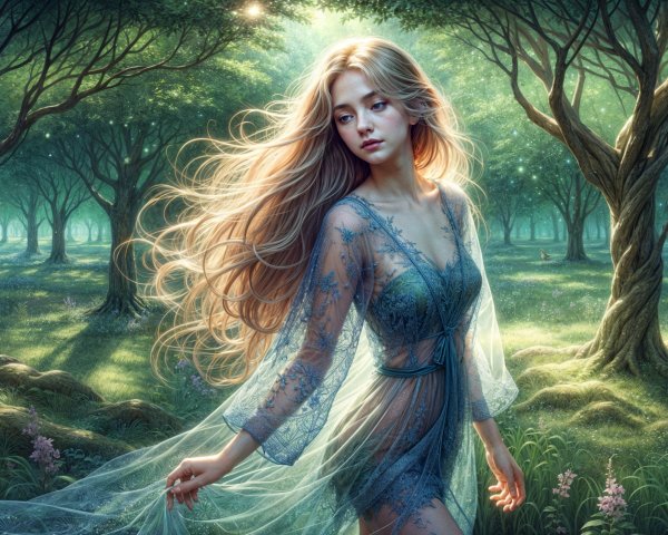 Young woman in a serene forest with ethereal light