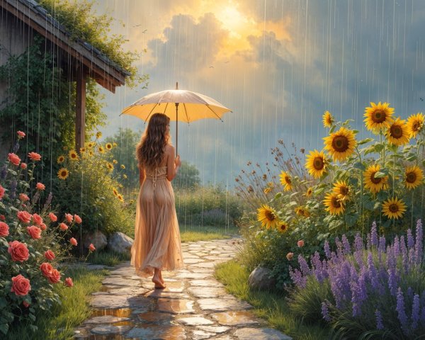 Woman Walking on Stone Path in Lush Garden Scene