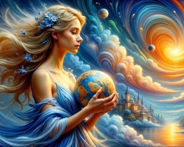 Serene Figure Holding Globe in Vibrant Cosmic Scene