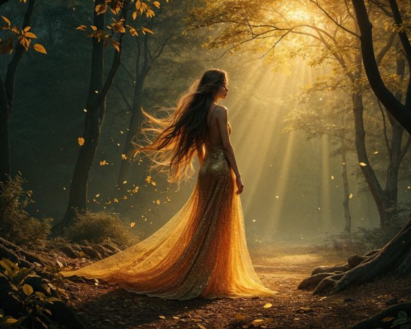 Graceful Woman in Golden Gown in Mystical Forest