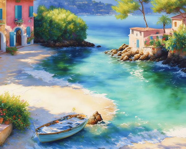 Serene Coastal Landscape with Colorful Buildings