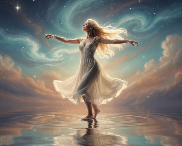 Woman in white dress dancing in a starry space