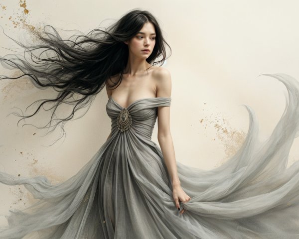 Elegant figure in flowing gray gown with magical backdrop