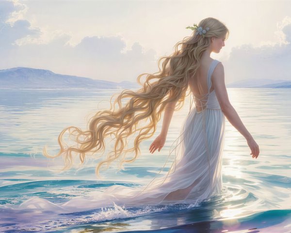 Fair-skinned woman in flowing blue dress by water