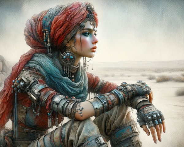 Young woman in tribal jewelry in a desolate landscape