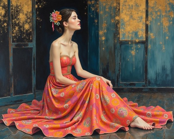 Young woman in floral gown on wooden floor backdrop