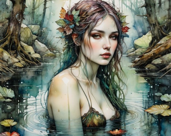 Young Woman in Mystical Forest with Watercolor Tones
