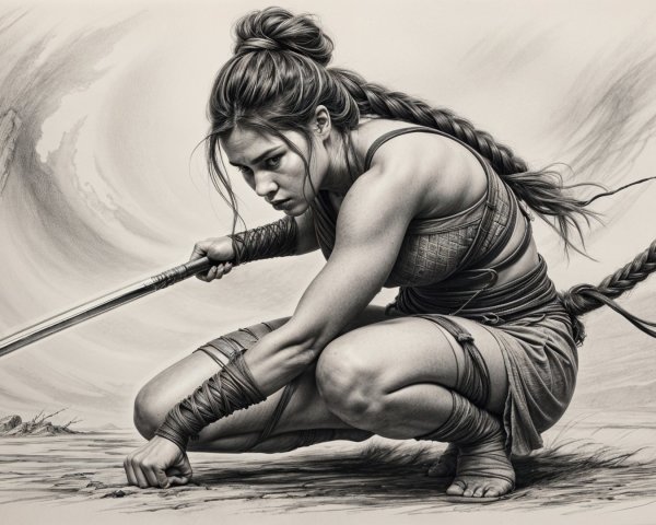 Fierce Warrior Woman in Dynamic Battle Pose