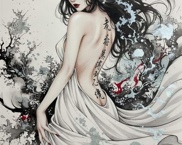 Elegant Woman in Flowing White Dress with Tattoo Art