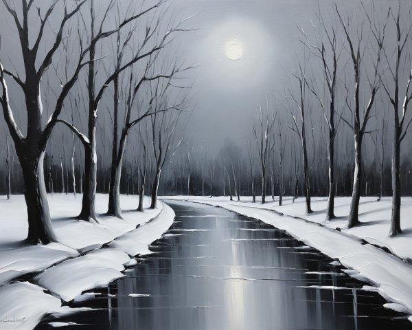 Serene Winter Landscape with Moonlit River Scene