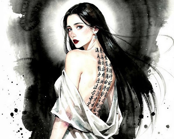 Chinese Painting of Woman with Writing and Anguish