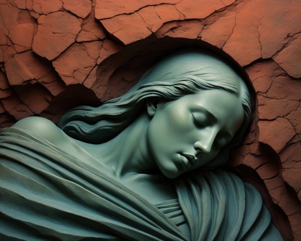 Sculpted Female Figure Emerging from Textured Surface