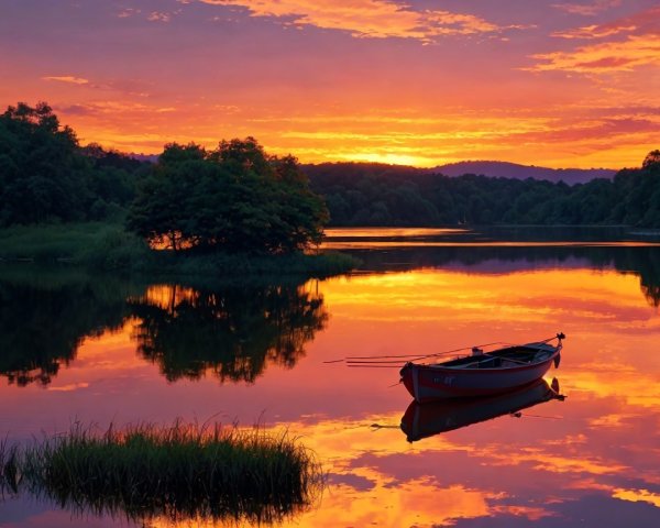 Tranquil Lake at Sunset with Vibrant Colors and Boat