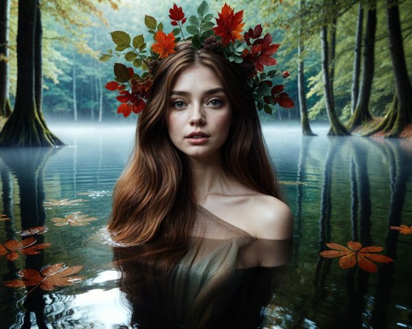 Young Woman in Autumn Forest Pond Setting