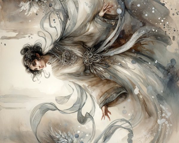 Ethereal Figure in Flowing Gown with Floral Motifs