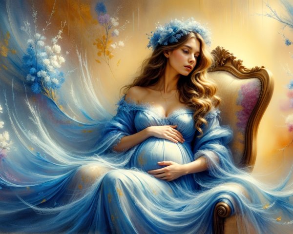 Ethereal Woman in Blue Gown with Baby Bump and Florals