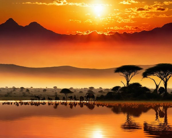 African Savannah Landscape at Sunset with Wildlife