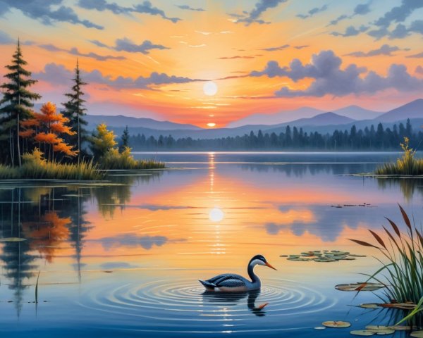 Tranquil Lake at Sunset with Autumn Foliage and Mountains