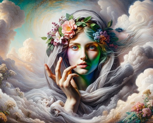 Ethereal figure in clouds with floral crown and blossoms