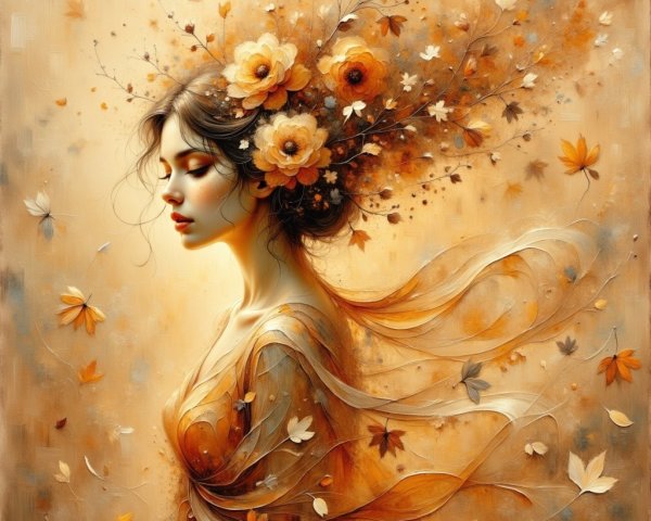 Serene Woman in Floral Crown Amid Autumn Hues