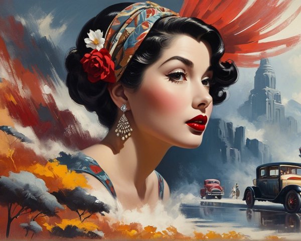 Glamorous 1920s Woman in Vibrant Cityscape Artwork
