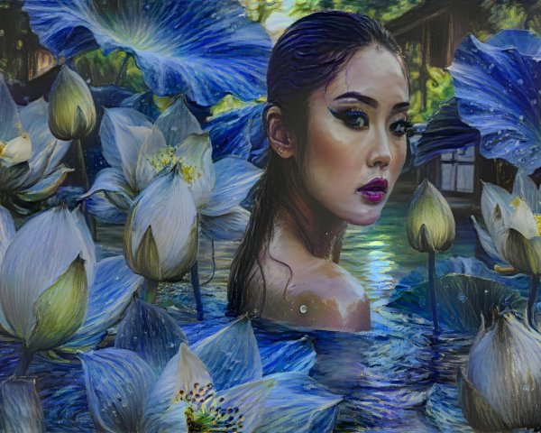 Serene Woman in Water with Blue Lotus Flowers