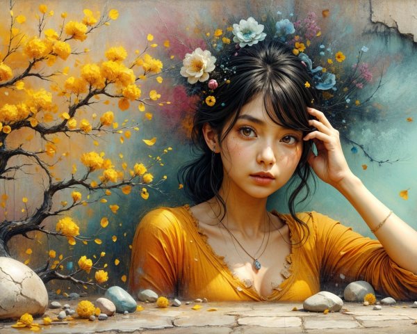 Young Woman Surrounded by Flowers and Moss Stones