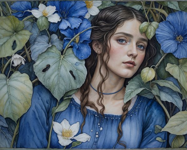 Young Woman in Nature with Braided Hair and Blue Dress