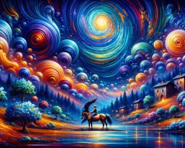 Vibrant Cosmic Landscape with Horse Rider and Lake