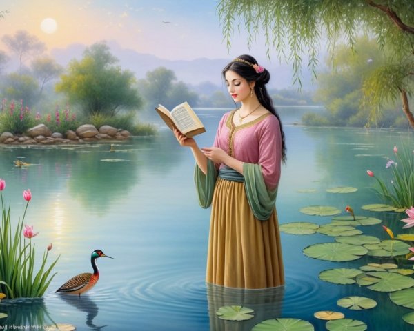 Serene Scene of Woman Reading in Shallow Water