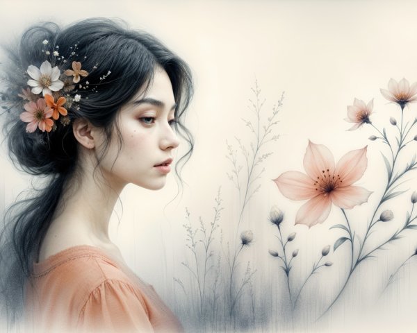 Wistful Portrait of a Young Woman with Floral Accents