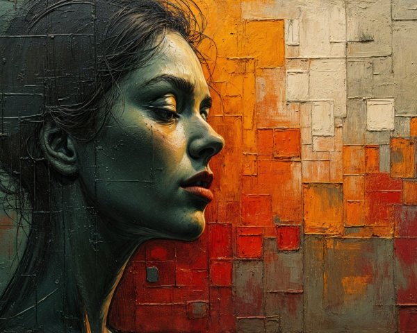 Profile of a Woman in Muted Greens with Abstract Background