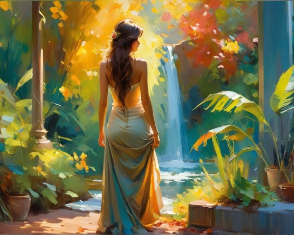 Woman in Yellow Gown in a Vibrant Garden Setting