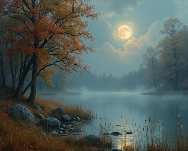 Serene Autumn Landscape with Tranquil Lake and Moonlight