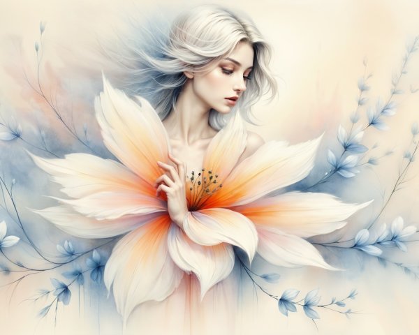 Ethereal Woman Embracing a Delicate Flower