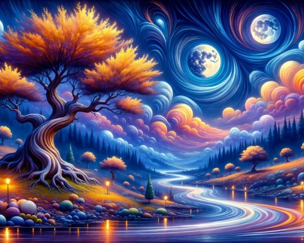 Surreal Landscape with Cosmic Sky and Golden Tree