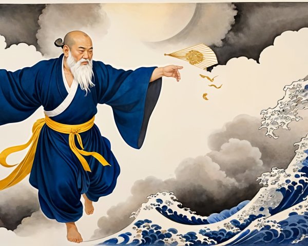 Ethereal figure controlling elements above tumultuous waves