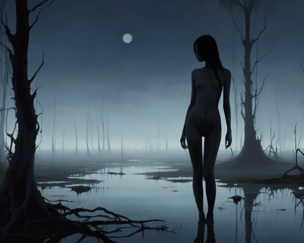 Solitary Figure in Misty Landscape with Full Moon