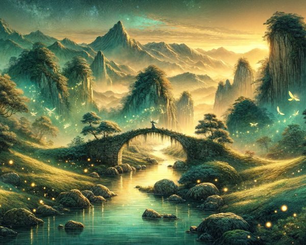 Tranquil River Landscape with Stone Bridge and Fireflies